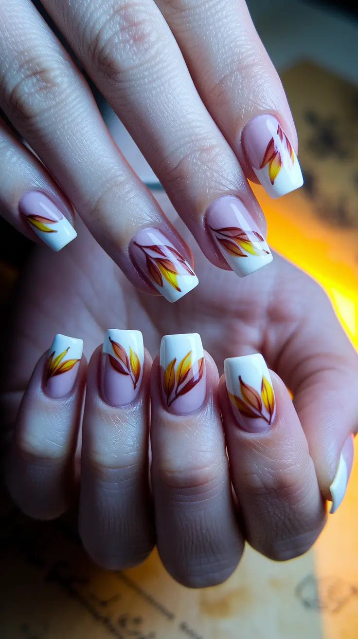 2025 Fall Nails Art Ideas – Autumn French with Floating Leaves