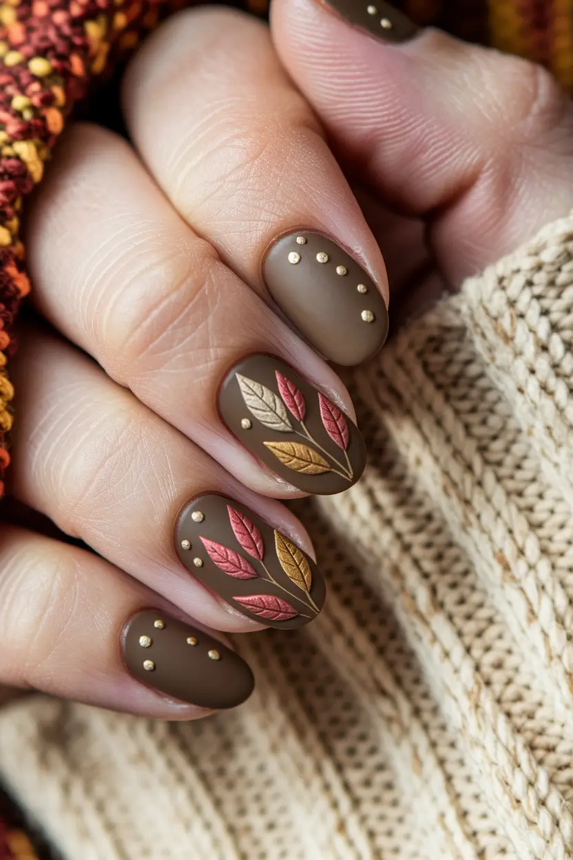 2025 Fall Nails Art Ideas — Matte Cocoa Leaves with Micro Studs (Short Oval)