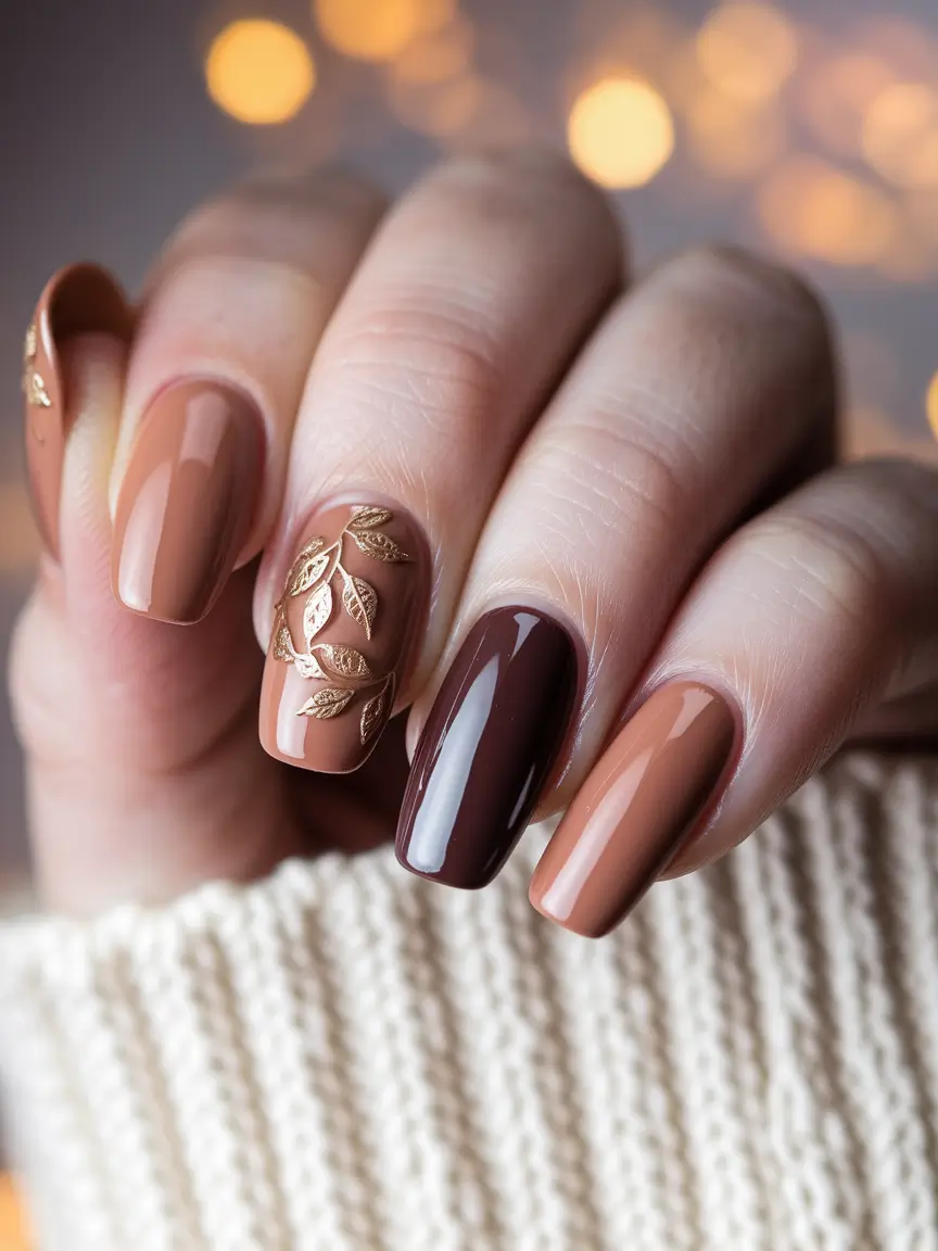 2025 Fall Nails Art Ideas — Caramel Gradient Wardrobe with Gold Leaf Accent (Long Almond)