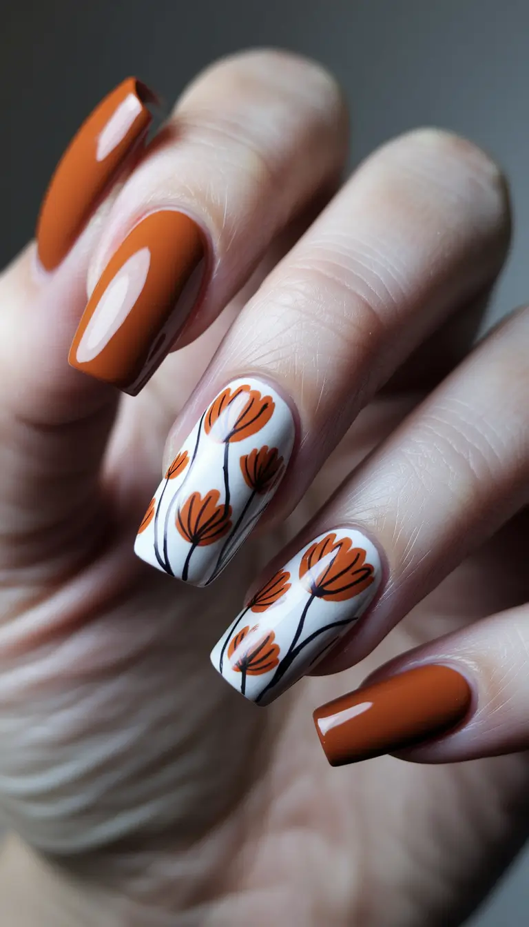 2025 Fall Nails Art Ideas — Spiced Petals on Porcelain Accents (Long Square)