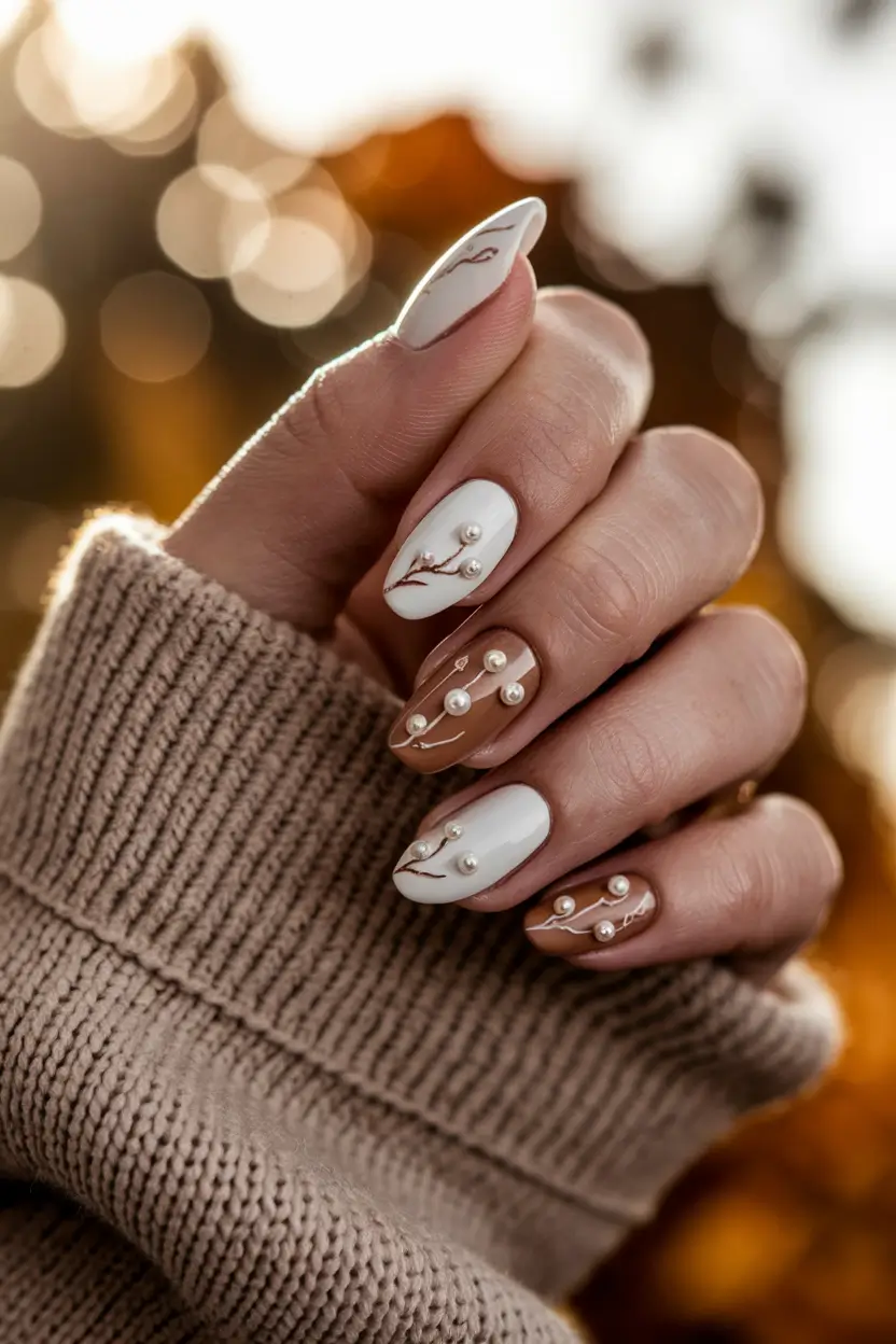2025 Fall Nails Art Ideas — Pearled Branches on Cream & Caramel (Almond)