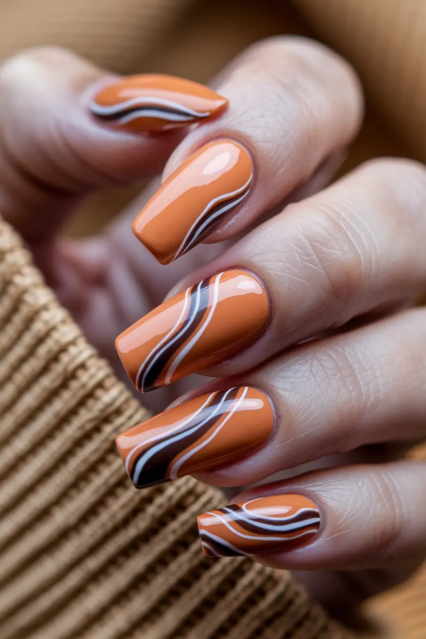 2025 Fall Nails Art Ideas – Retro Tangerine Waves