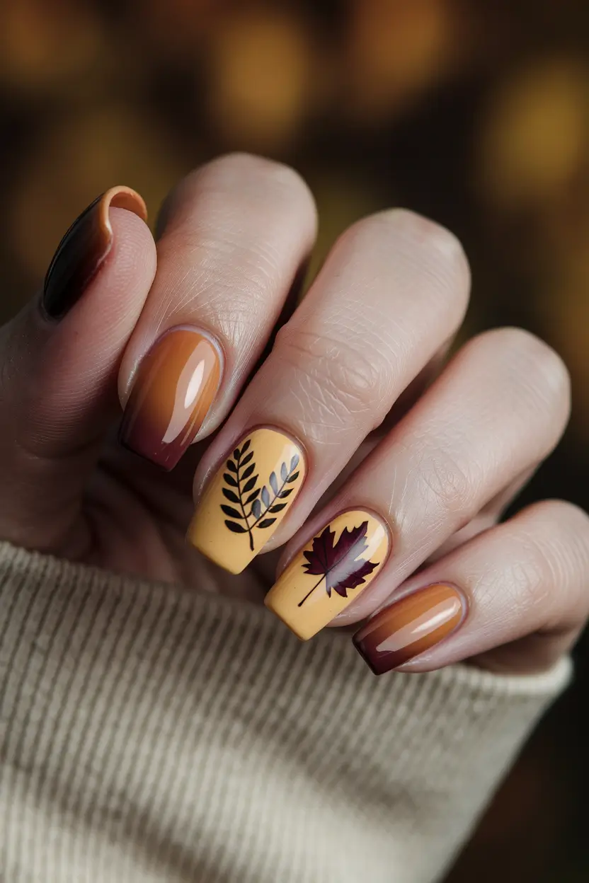 2025 Fall Nails Art Ideas — Mustard Blocks with Leaf Silhouettes & Auburn Ombre (Short Square)