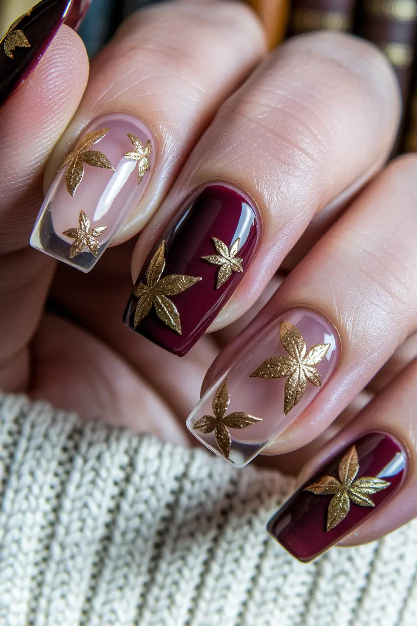 2025 Fall Nails Art Ideas — Gilded Leaves on Wine & Crystal Clear (Square)