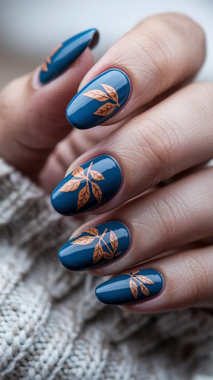 2025 Fall Nails Art Ideas – Teal Night with Copper Botanicals