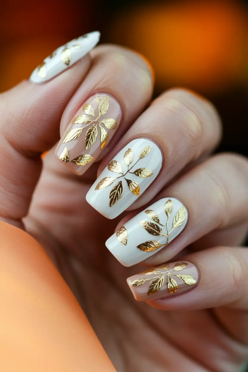 2025 Fall Nails Art Ideas – Porcelain White with Gilded Leaves