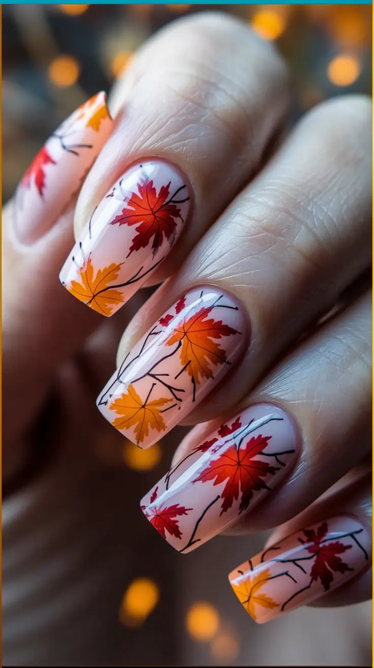 2025 Fall Nails Art Ideas — Maple Ribbons on Milky Nude (Soft Square)