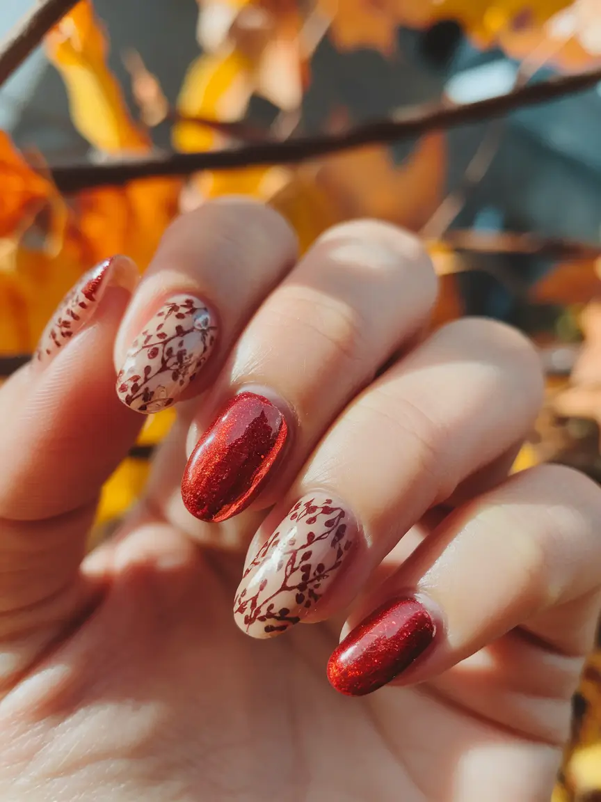 2025 Fall Nails Art Ideas — Burgundy Glow with Vine Accents (Almond)