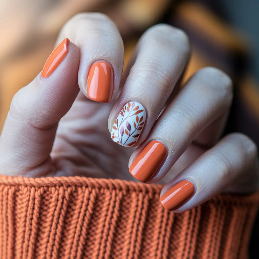 2025 Fall Nails Art Ideas — Pumpkin Cream with One Botanical Accent (Short Squoval)