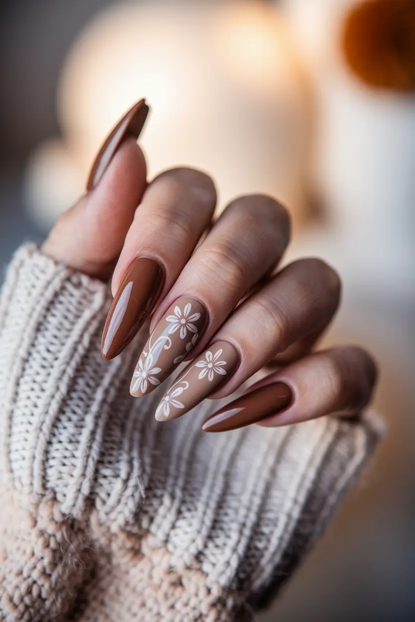 2025 Fall Nails Art Ideas — Cocoa Daisy Florals (Long Almond)