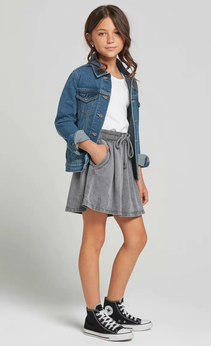 fall outfits for school pictures kids Effortless Denim & Drawstring Skirt Combo