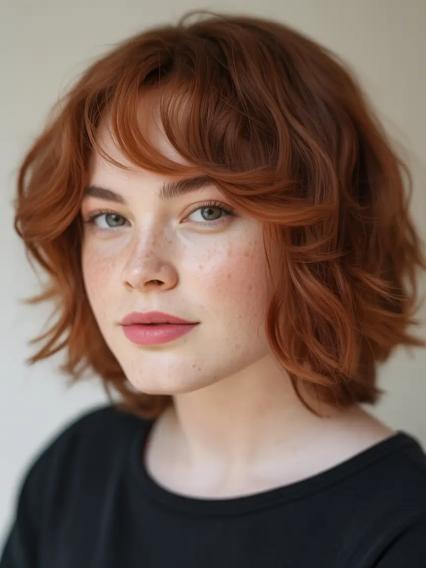 fall round face haircut Tousled Ginger Cut with Bottleneck Bangs