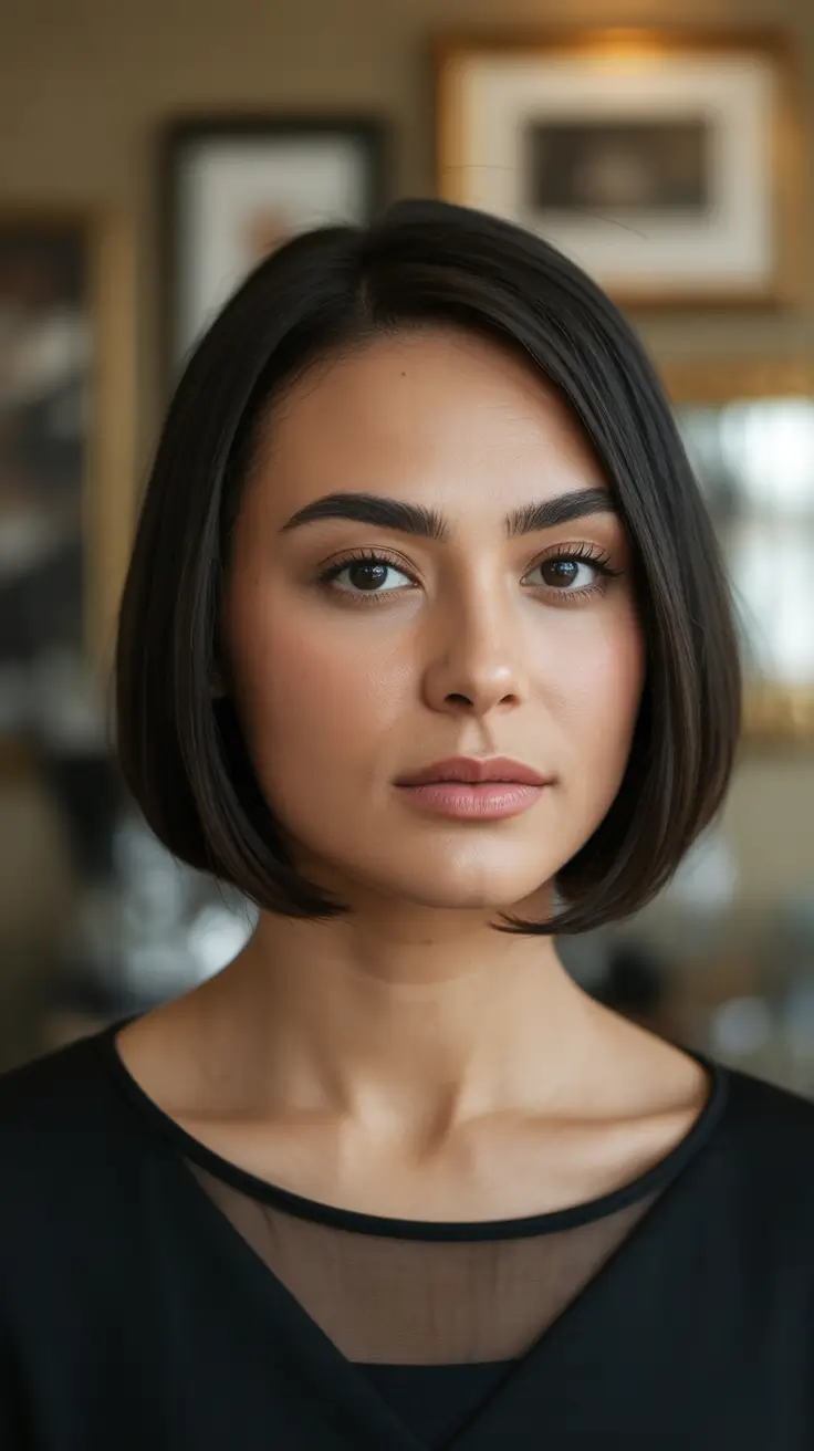 fall haircut for round face Precision Blunt Bob with a Glossy Finish