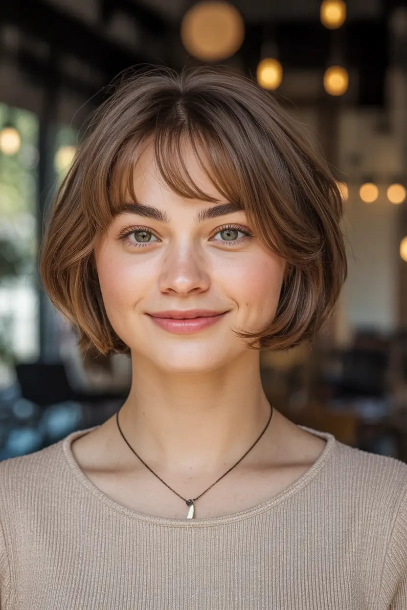 fall short haircuts round face French-Inspired Soft Bob with Micro Curtain Bangs