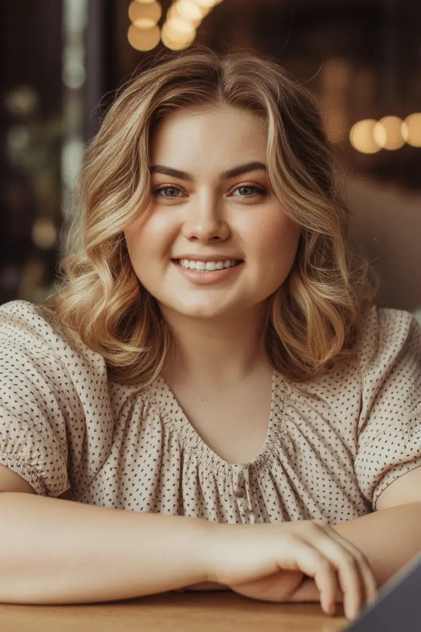 fall haircuts 2025 medium round face Golden Mid-Length Waves with Root Volume