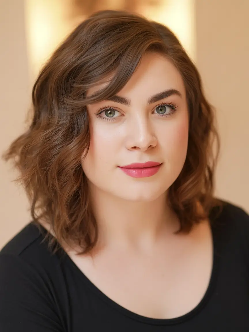 fall round face haircut Textured Lob with Side-Swept Bangs
