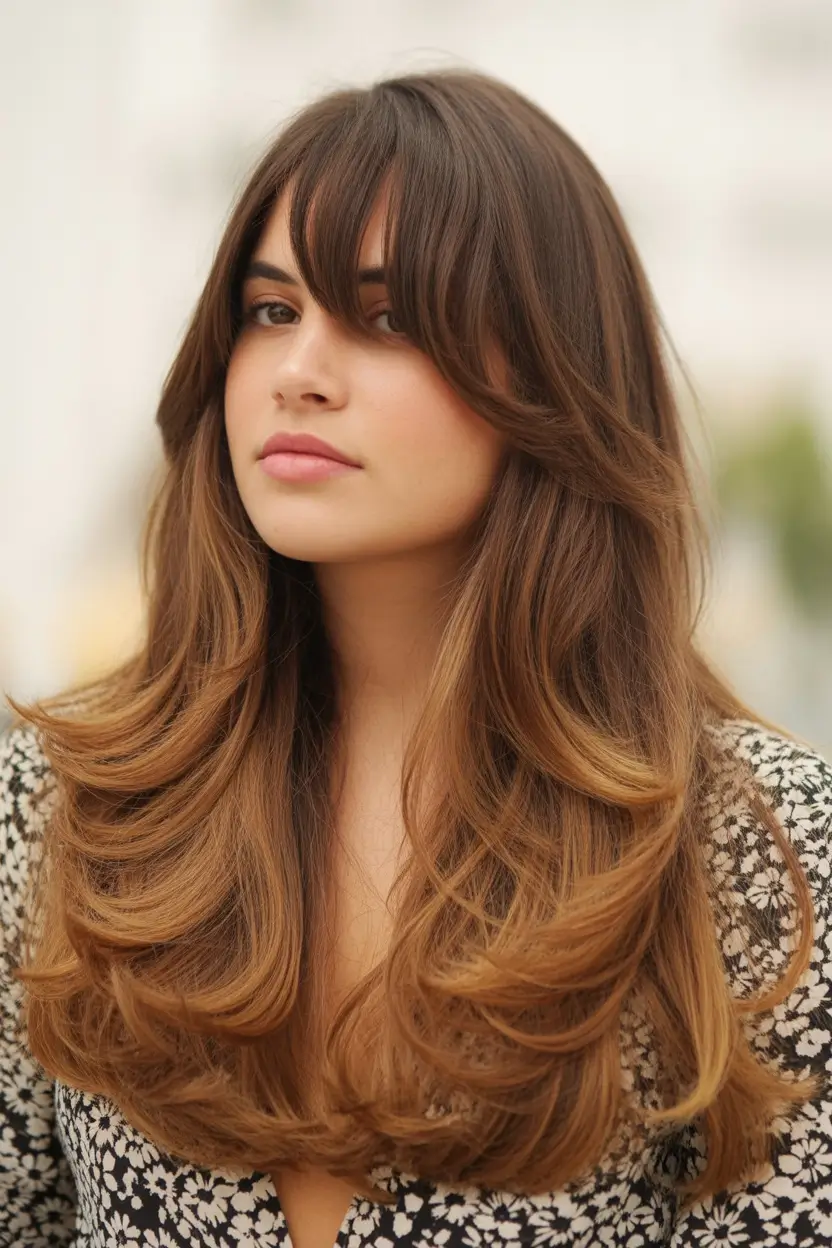 fall round face haircut Feathered Layers with Voluminous Bangs