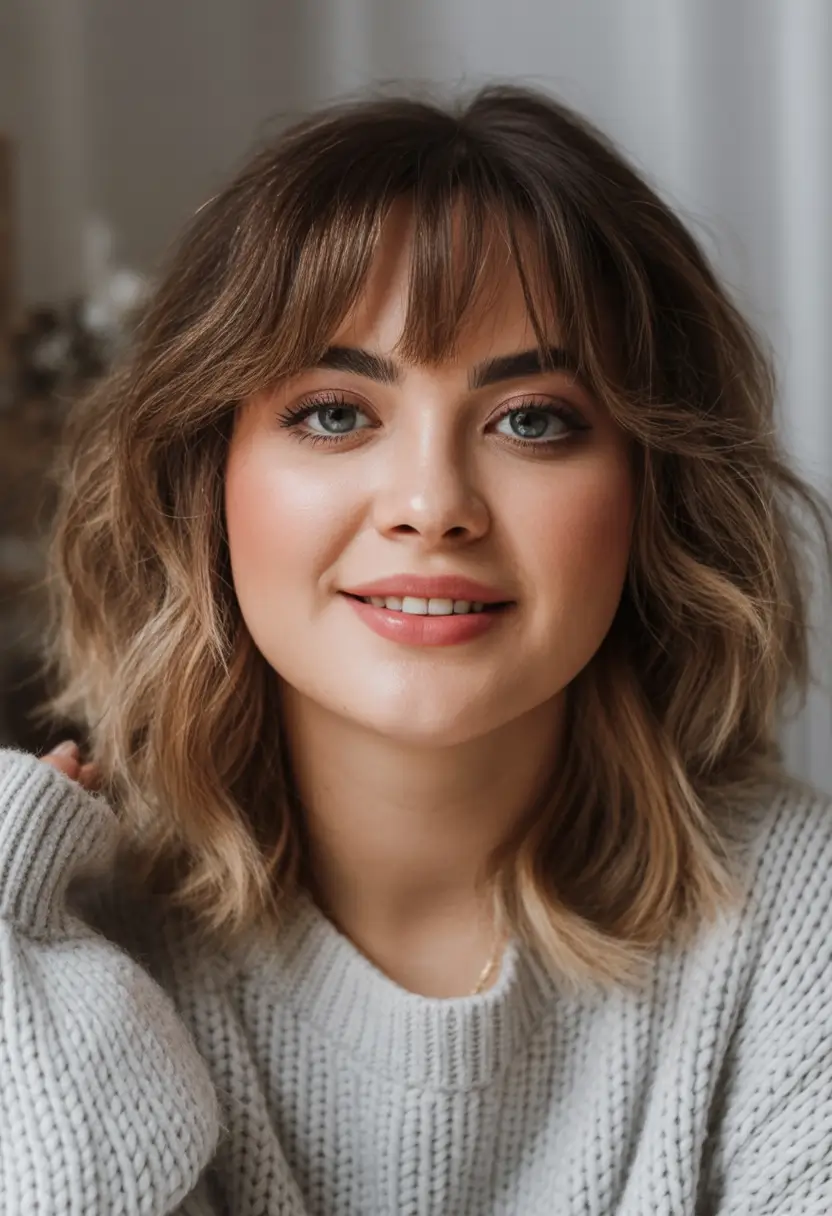 fall short haircuts round face Wavy Textured Lob with Full Bangs