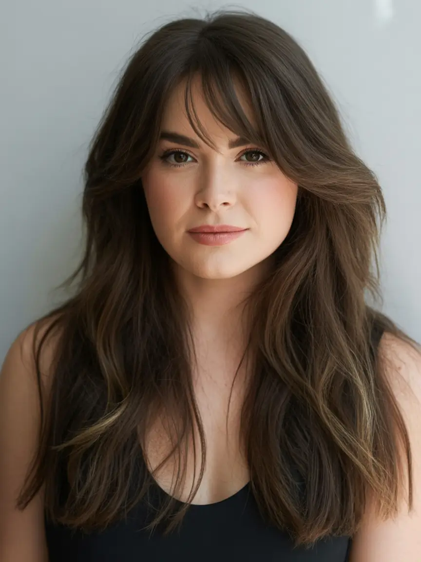 fall haircuts 2025 long round face Soft Curtain Bangs on Long Voluminous Layers