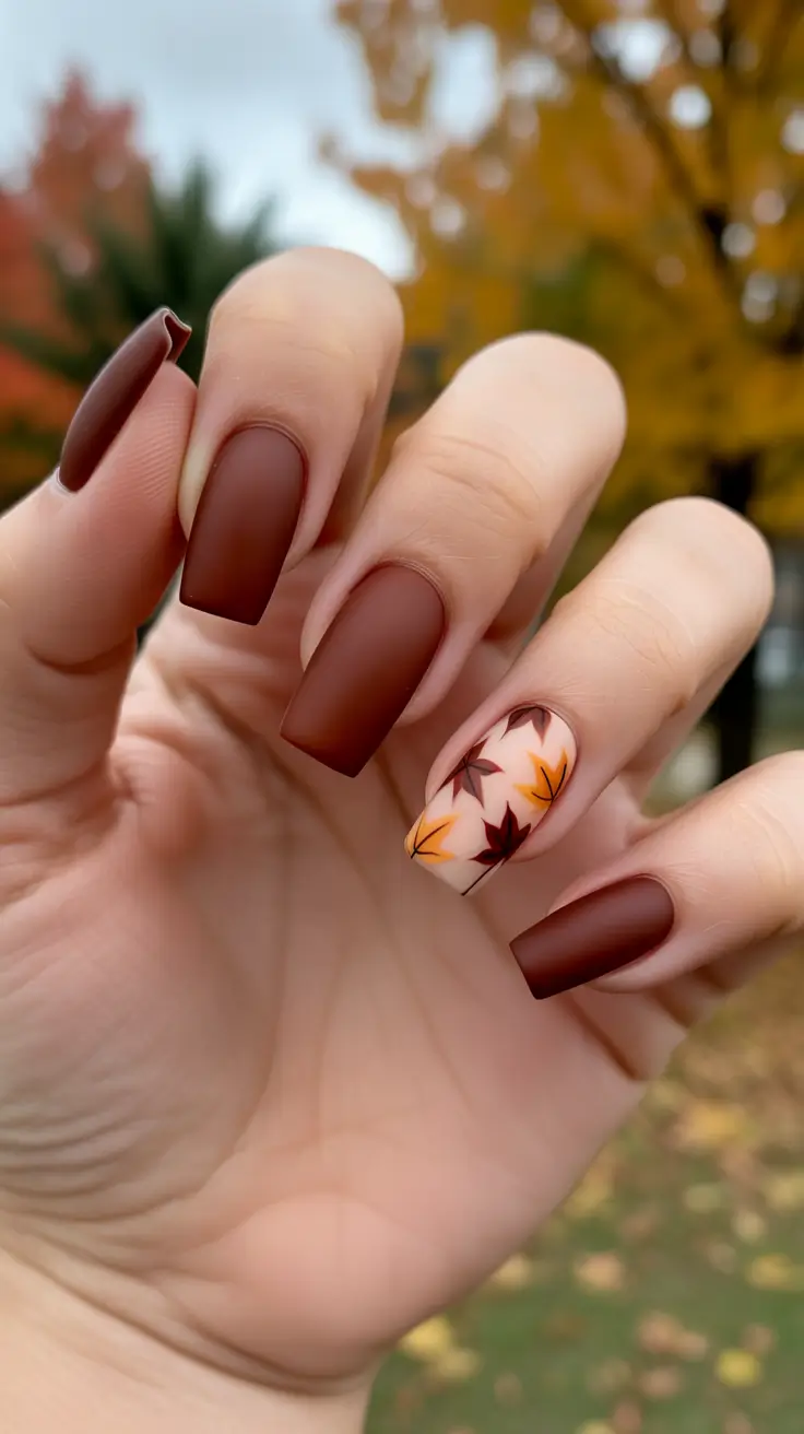 Fall Nails 2025 with Square Shape — Matte Chestnut With Falling Leaves