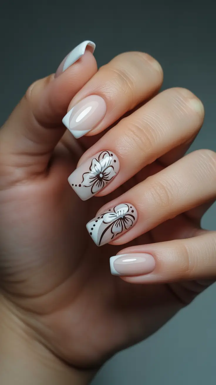 Fall Nails 2025 with Square Shape — Sheer French With Inked Florals