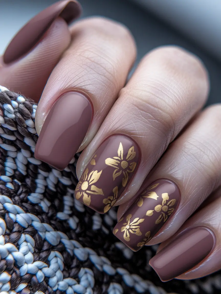 Fall Nails 2025 with Square Shape - Matte Mocha & Gilded Florals