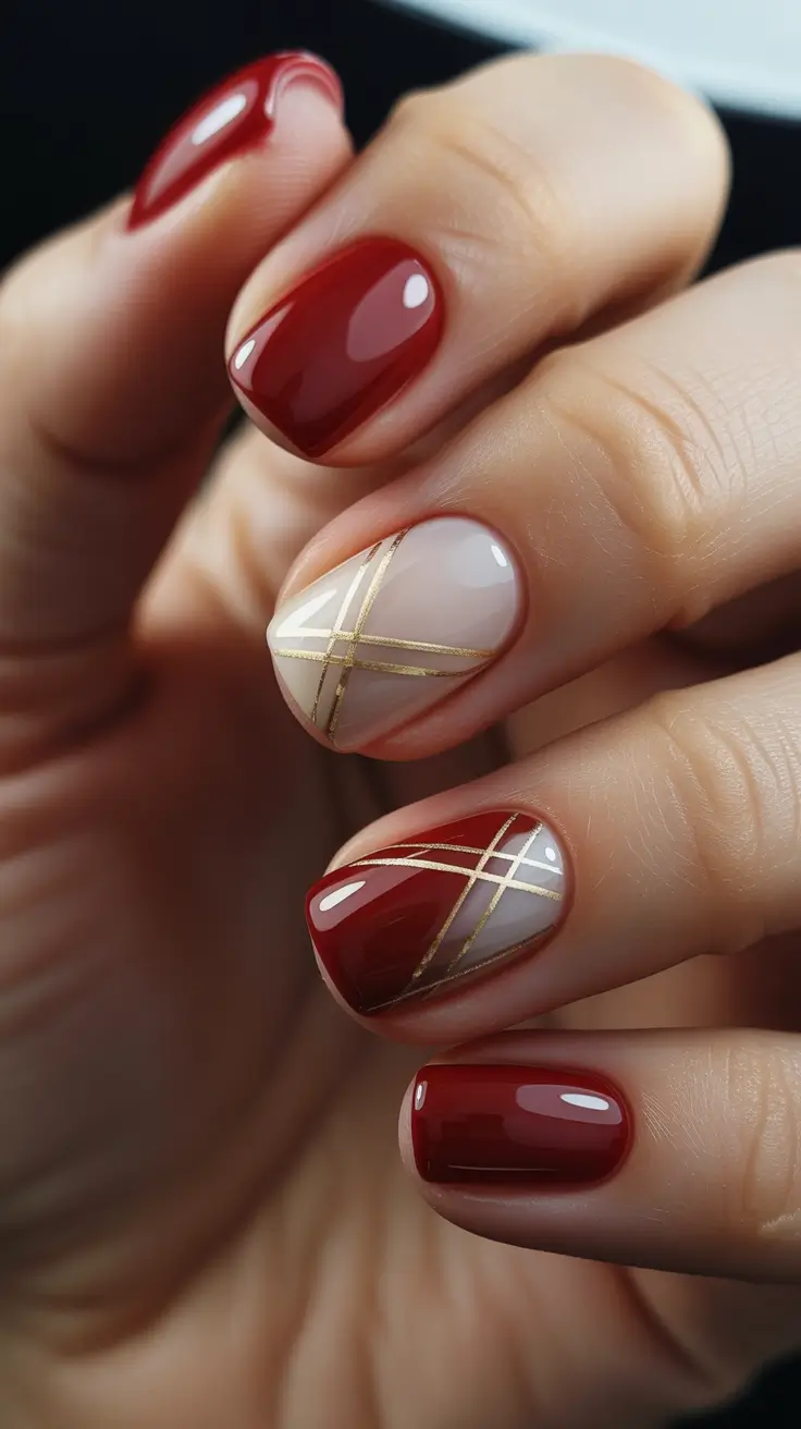 Fall Nails 2025 with Square Shape — Crimson Grid Accents