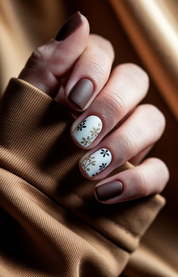 Fall Nails 2025 with Square Shape — Matte Cocoa With Folk Blooms