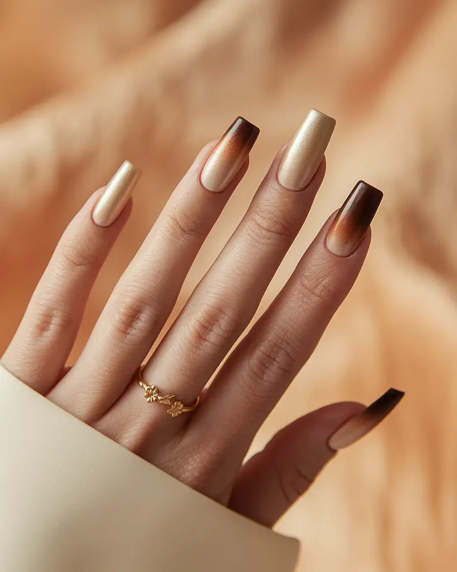 Fall Nails 2025 with Square Shape - Caramel-To-Espresso Ombre Luxe