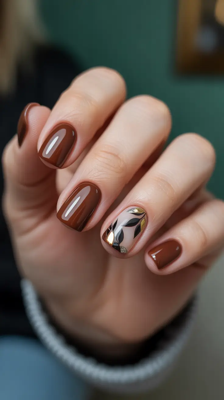 Fall Nails 2025 with Square Shape - Chocolate Leaves Accent