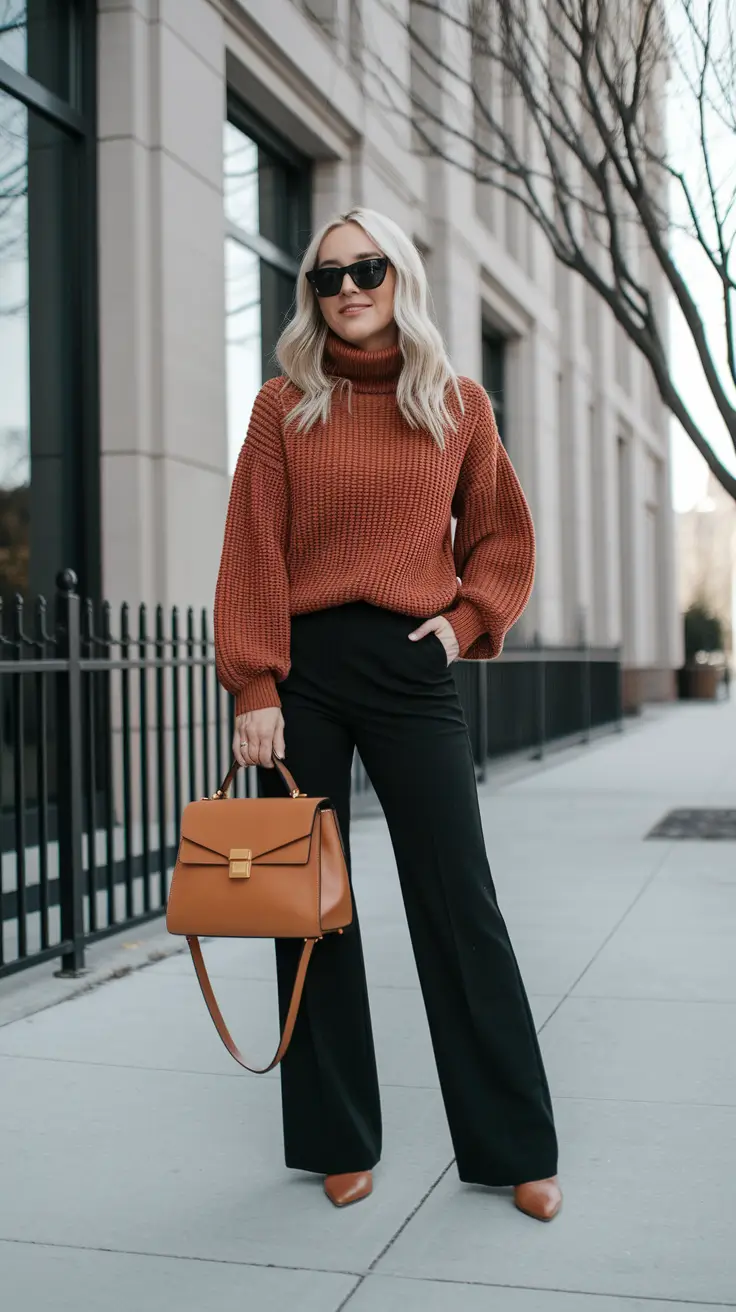 fall sweater outfits for work warm rust and wide leg black