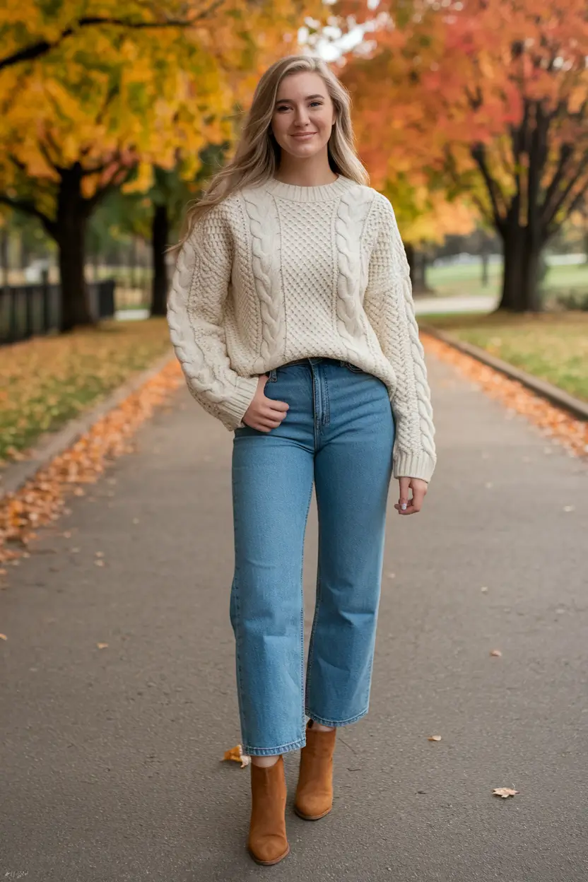 fall sweater outfits casual cable knit and classic denim