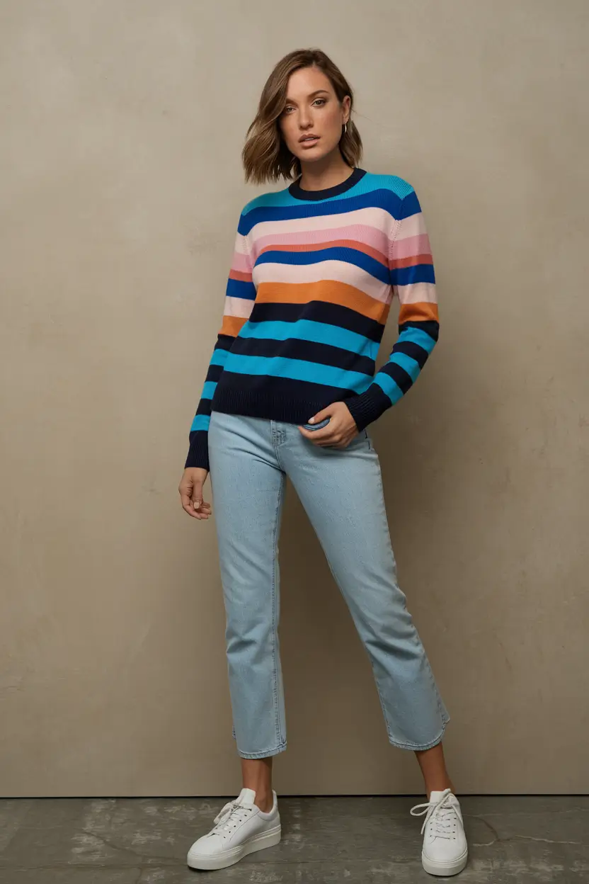 fall sweater outfits inspo retro stripes with a side of fun