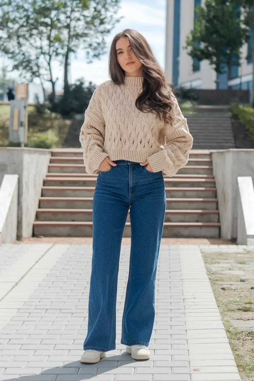 fall sweater outfits chunky cream cable and true blue denim