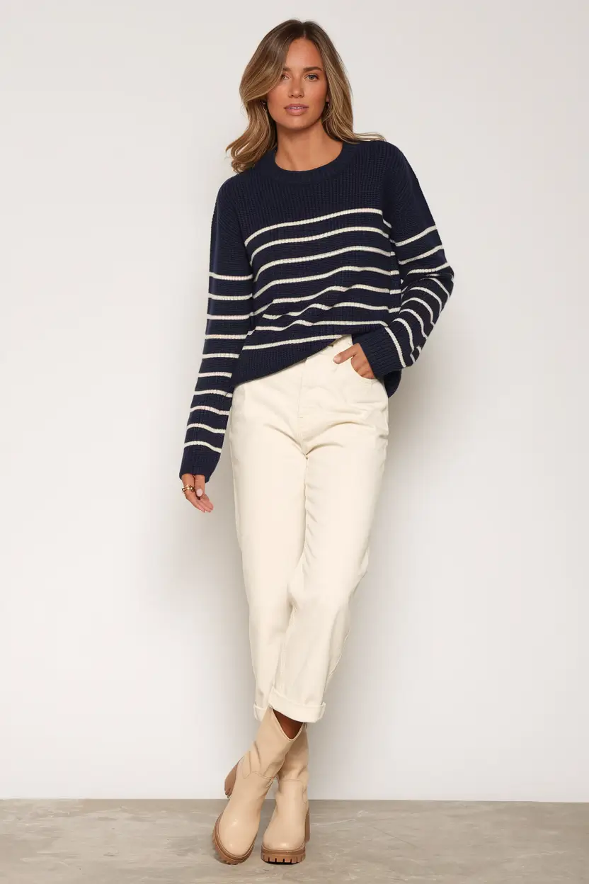 fall sweater outfits striped navy sweater and ivory boot power