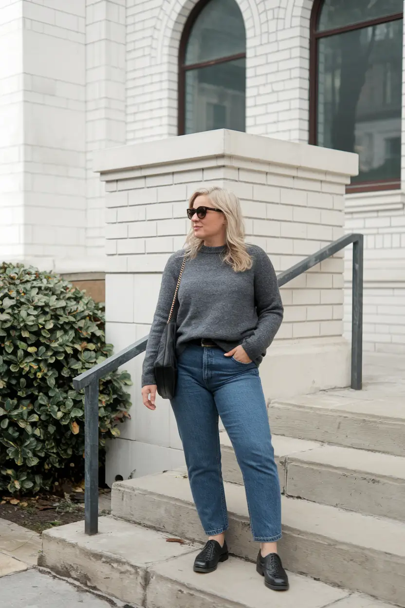 fall sweater outfits classic grey knit and straight leg confidence