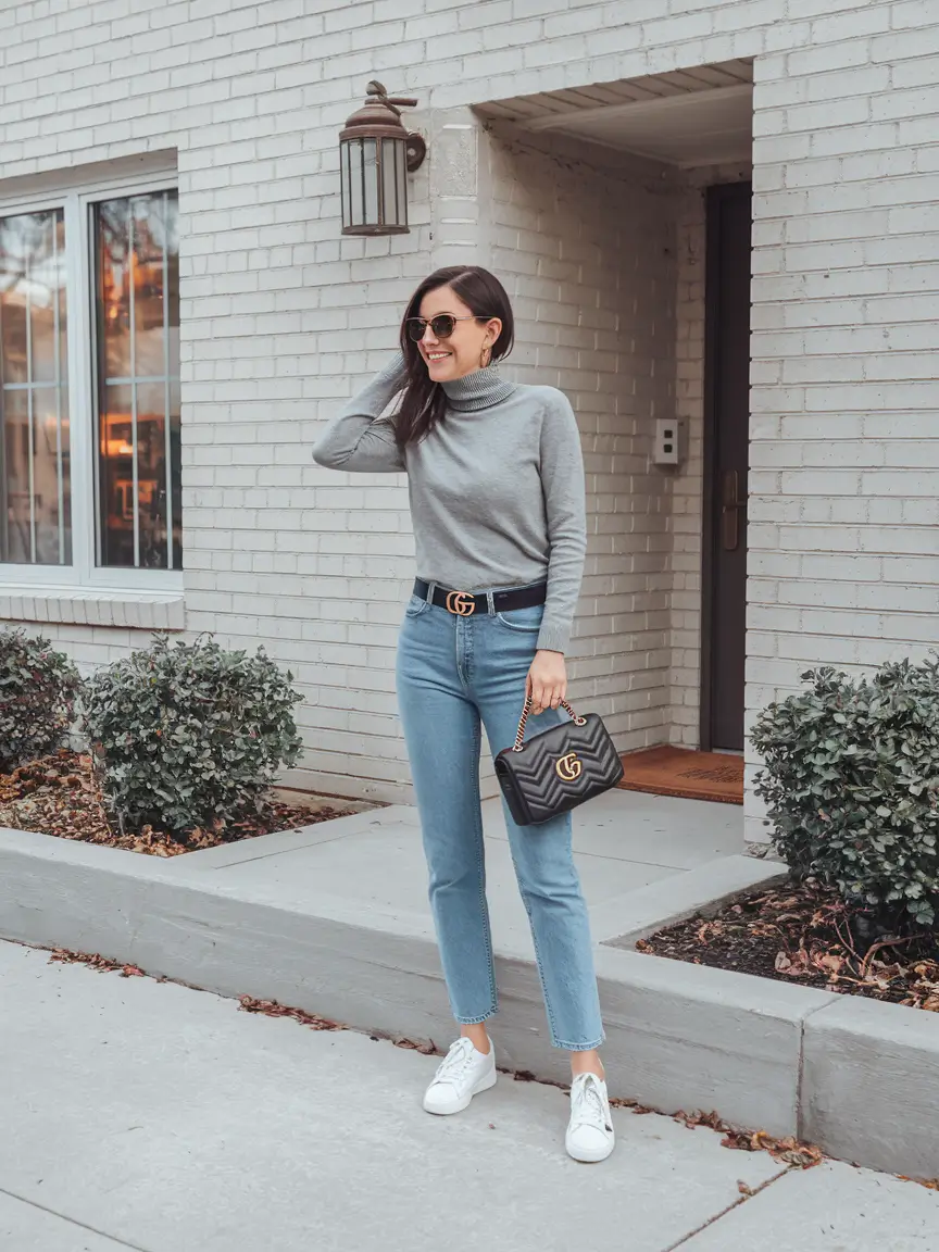 fall sweater outfits everyday grey turtleneck with designer details