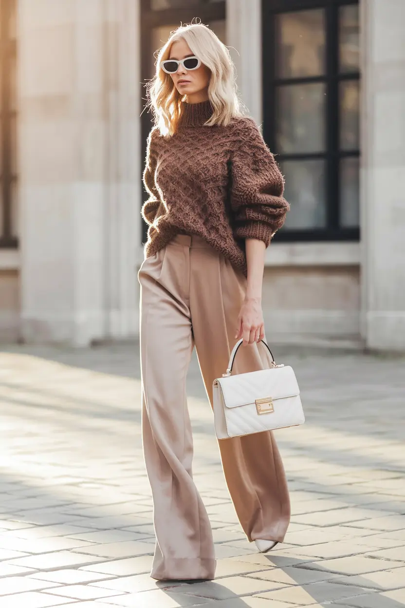 fall sweater outfits aesthetic textured brown luxe with taupe trousers