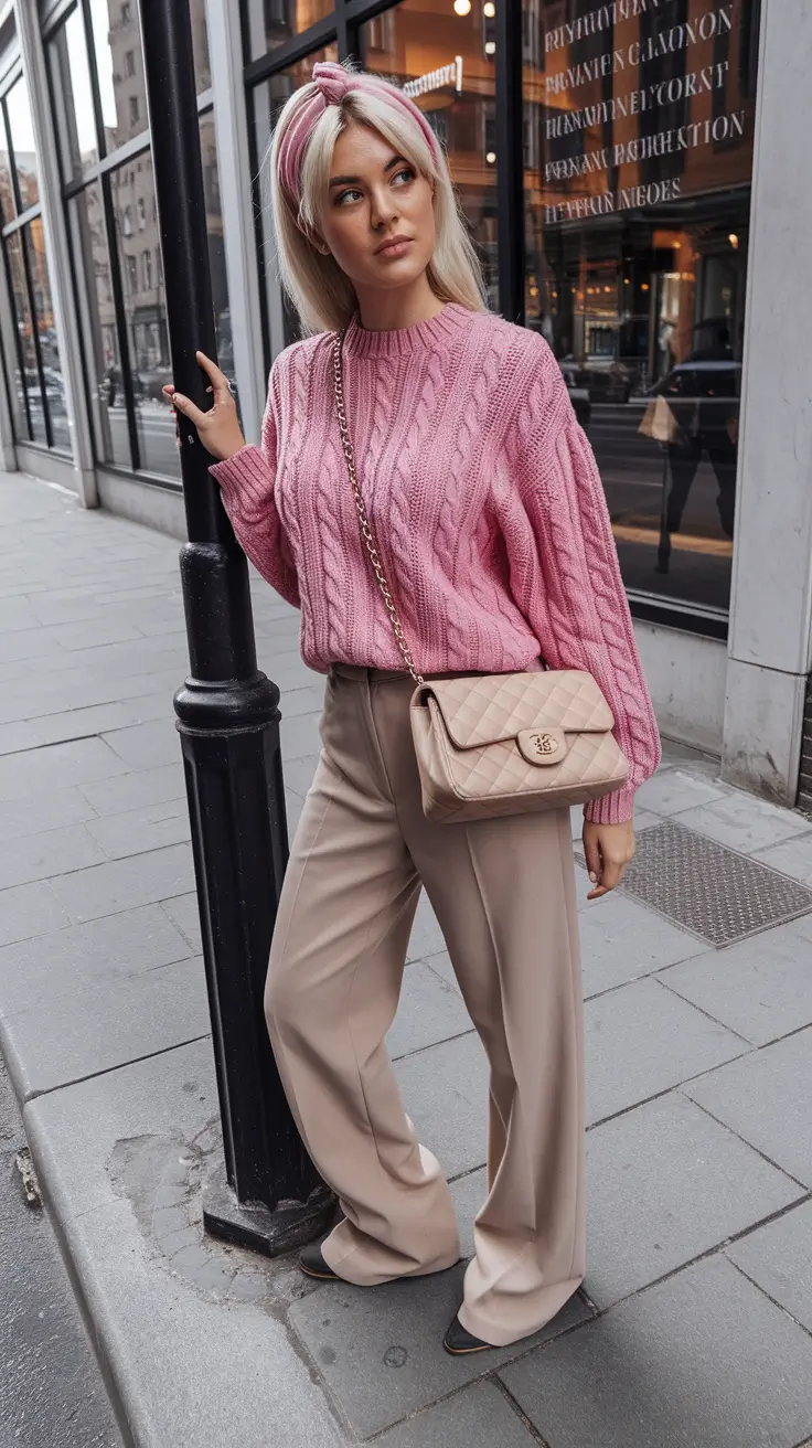 fall sweater outfits pink knit meets power neutrals