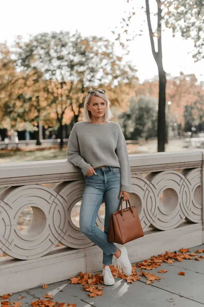 fall sweater outfits grey knit and straight denim for classic fall vibes