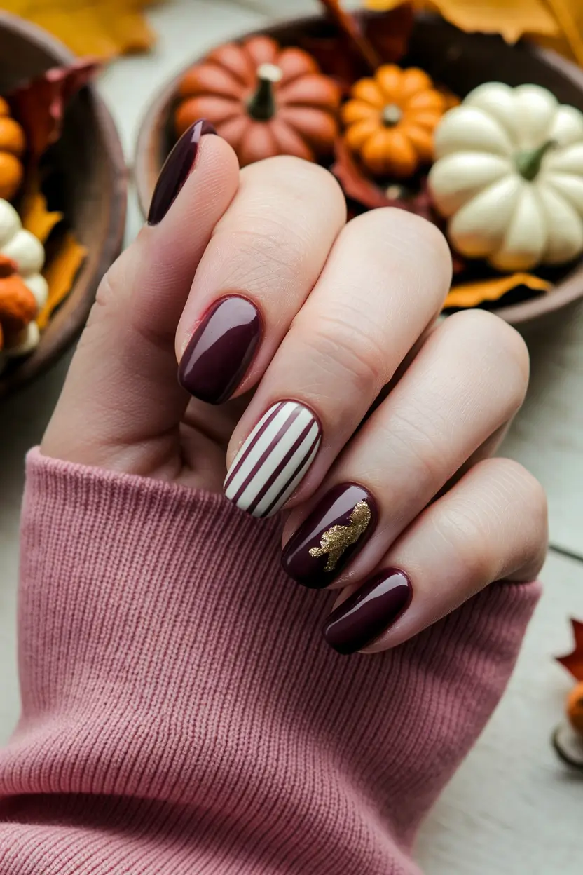 minimalist fall nails – Merlot Micro-Stripe with Gold Accent