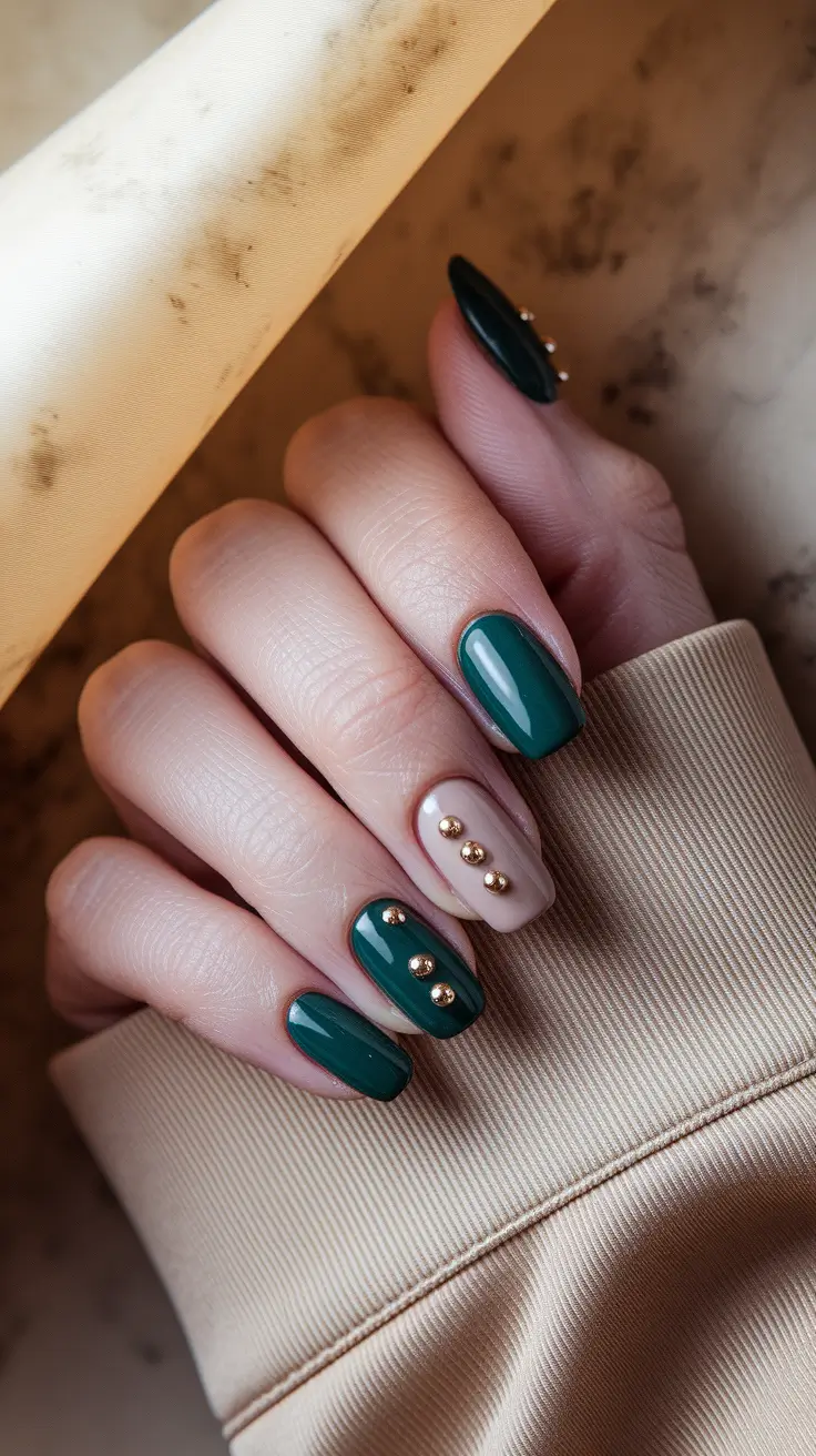 minimalist fall nails – Forest Gloss with Gold Stud Rows