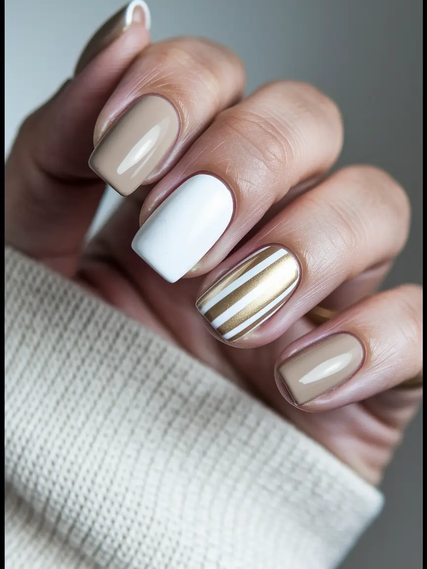 minimalist fall nails – Vanilla Latte Stripes on Short Square