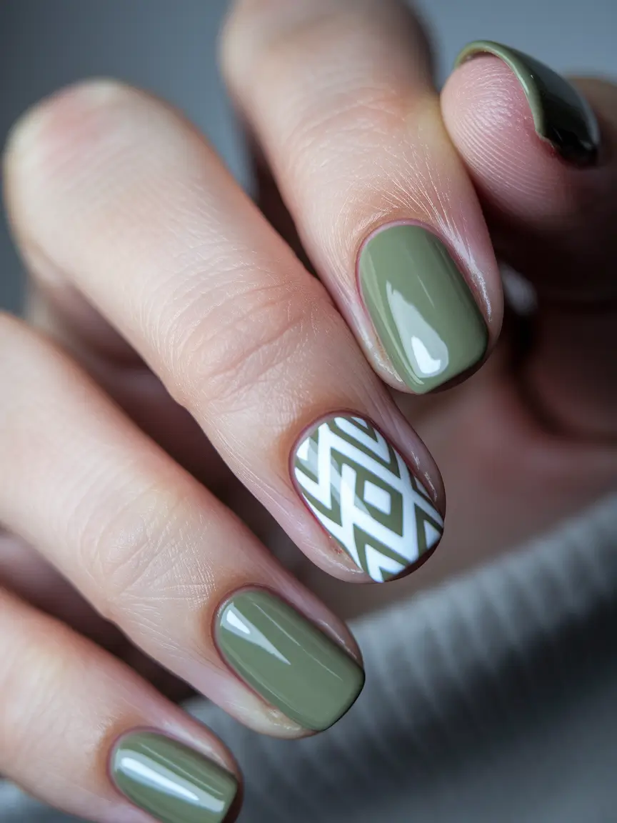 minimalist fall nails – Sage Grid with Graphic Accent