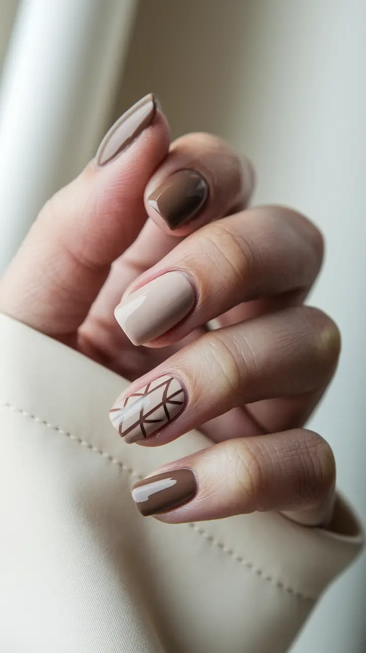 minimalist fall nails – Neutral Mosaic on Short Square