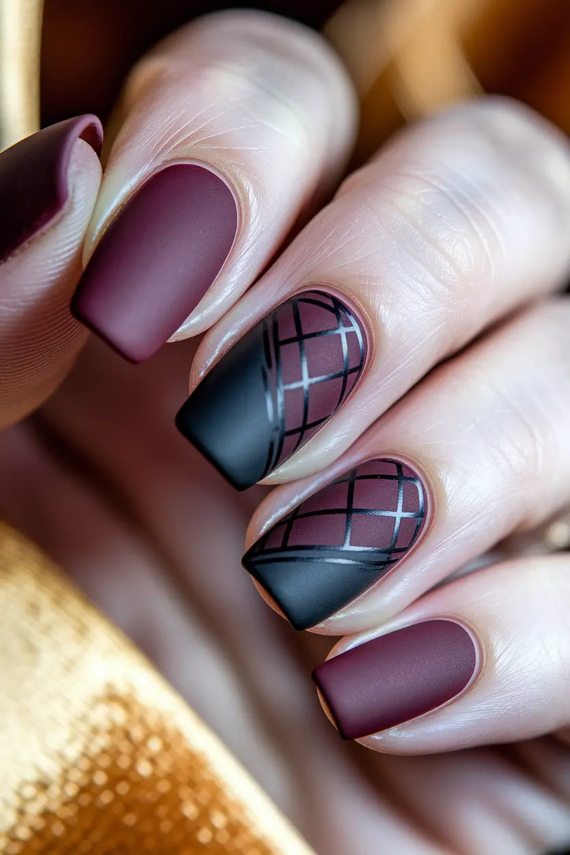 minimalist fall nails – Matte Merlot Plaid Tips