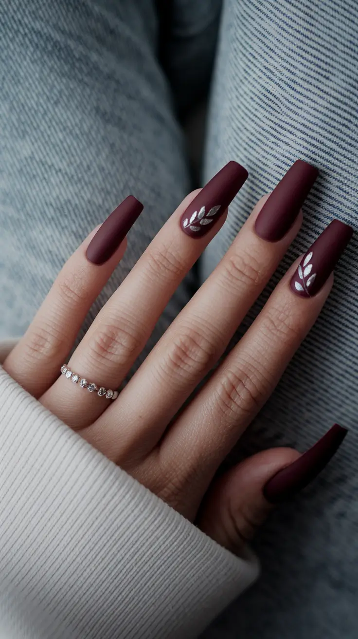 minimalist fall nails – Matte Cabernet Coffin with Silver Laurel