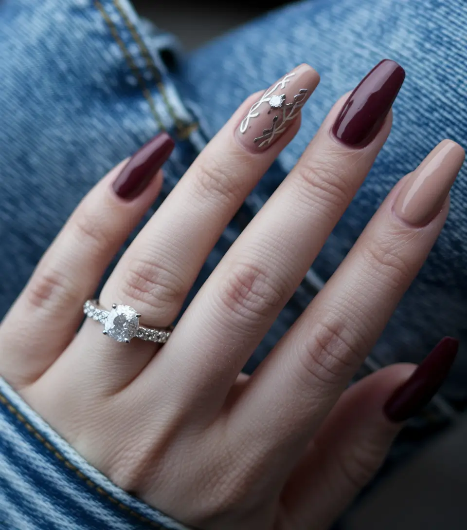 minimalist fall nails – Burgundy & Nude Coffin with Metal Vine