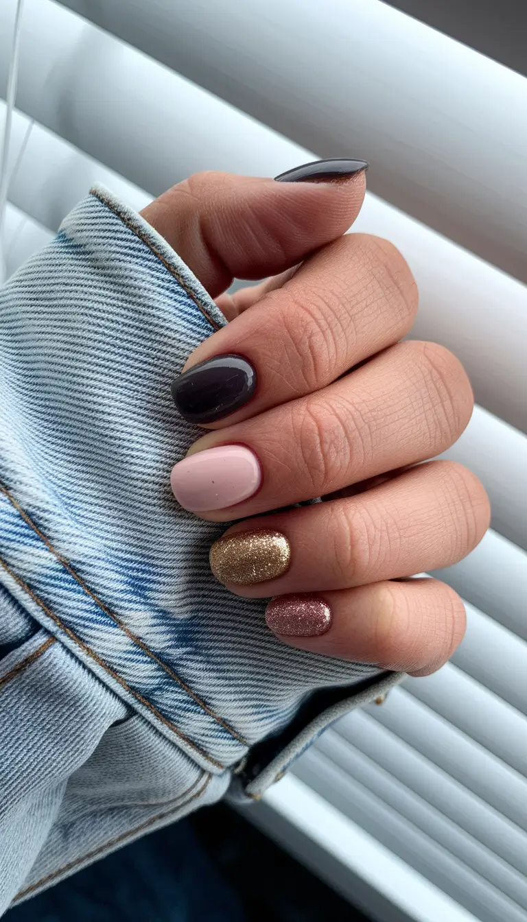Round Fall Nails 2025 Designs – Mocha Mix Skittle with Sparkle