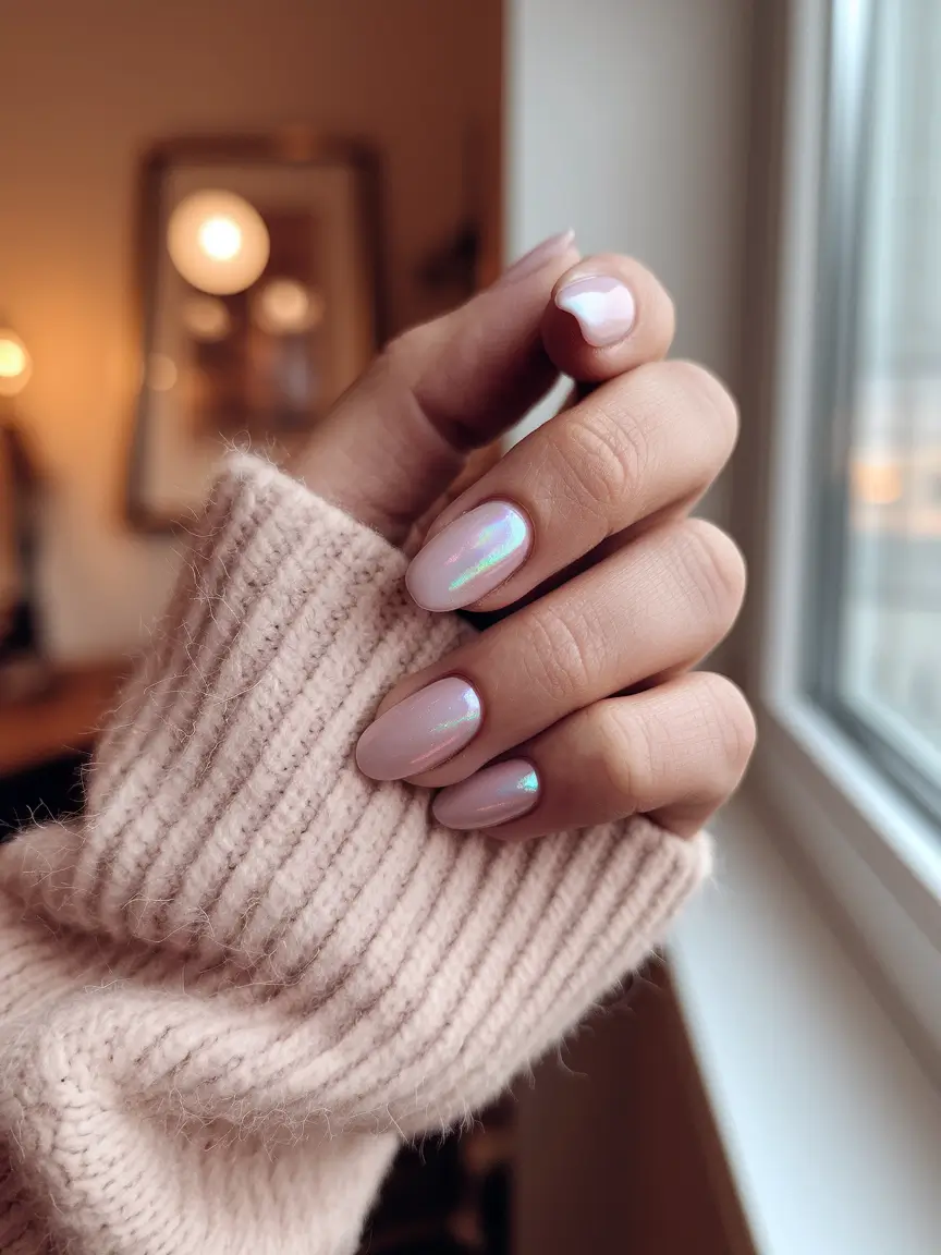 Round Fall Nails 2025 Designs – Iridescent Milk Sheen